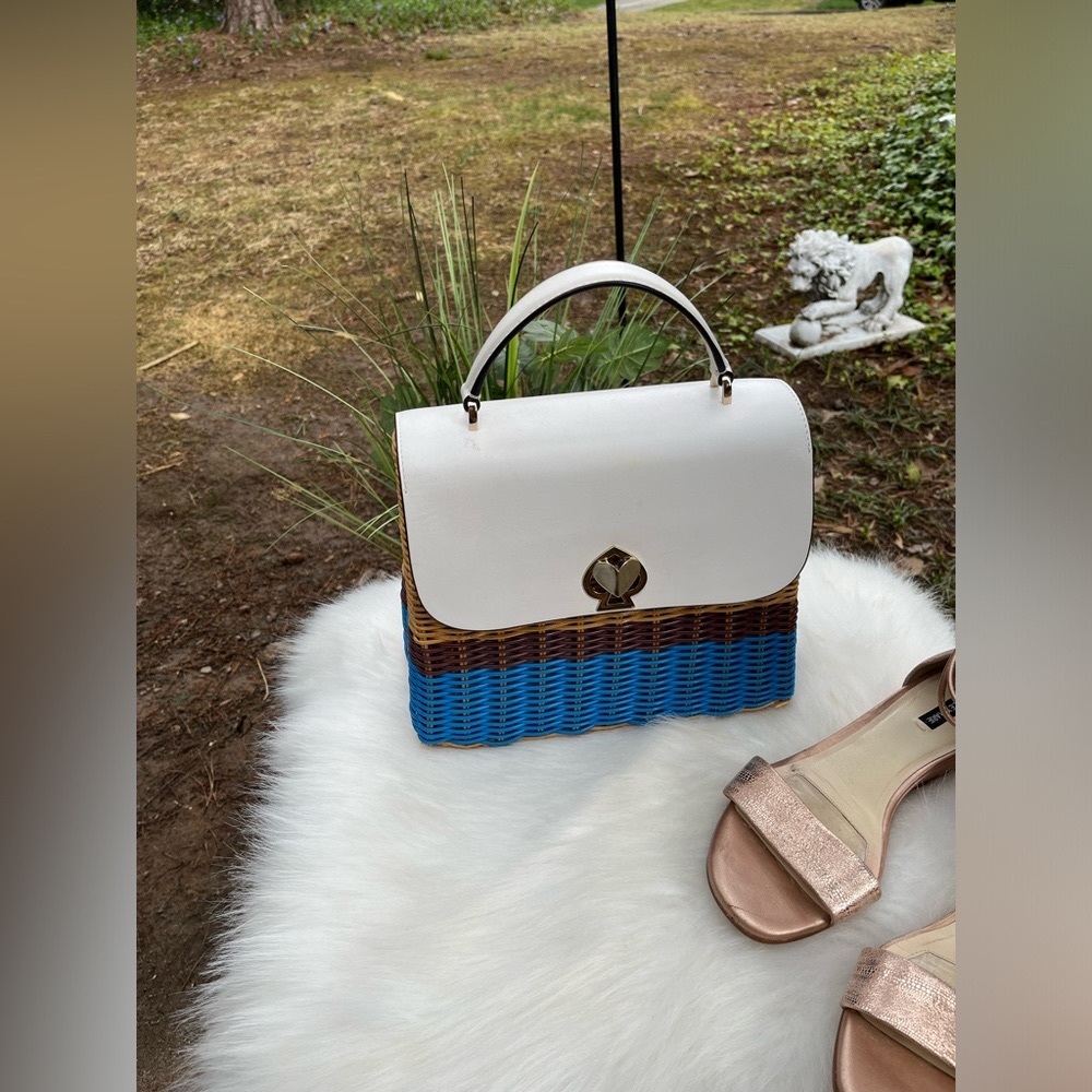 Kate Spade ♠️ Romy Wicker + Leather Handbag, White, Tan + Blue, EUC